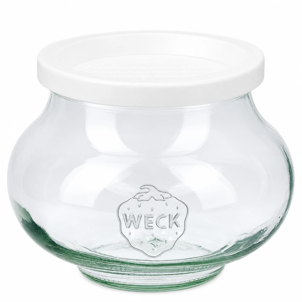 Barattolo decorativo WECK da 560 ml con coperchio bianco per la freschezza RR80 in vetro trasparente con logo WECK in rilievo