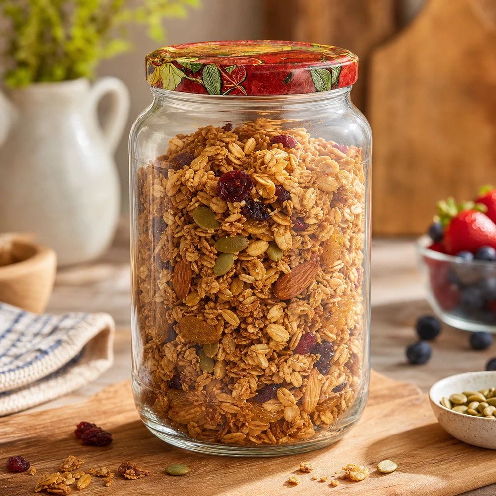 Barattolo rotondo da 1062 ml + coperchio BasicSeal per frutta... Barattolo rotondo da 1062 ml BasicSeal coperchio frutta decorato con muesli granola noci frutta secca barattolo per la colazione