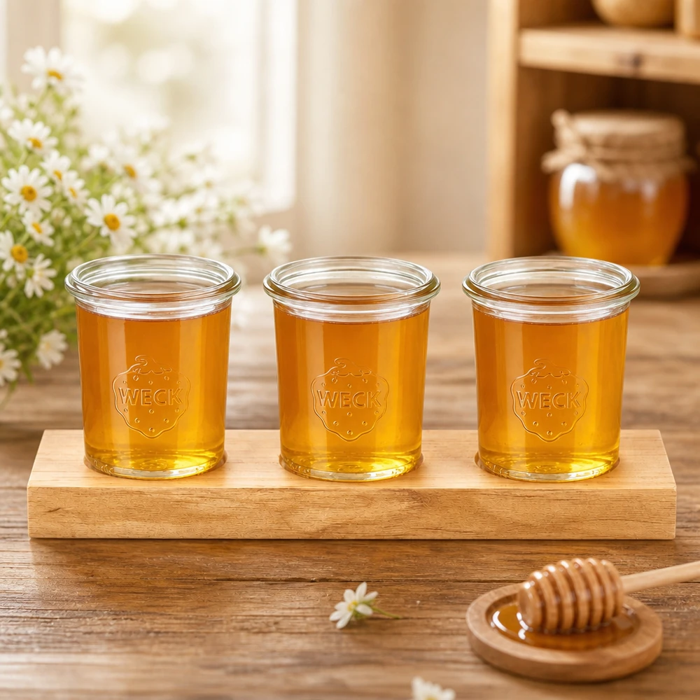 Tre tumbler Weck da 160 ml con miele dorato su un tagliere Plano3, accanto a un cucchiaio da miele e a una decorazione floreale.
