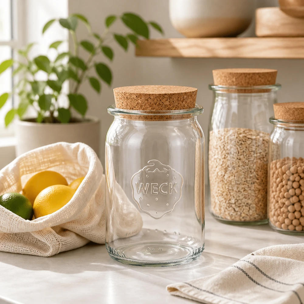 WECK 145ml vaso cilindrico RR40 vuoto con coperchio in sughero in cucina sostenibile a rifiuti zero accanto a legumi e agrumi