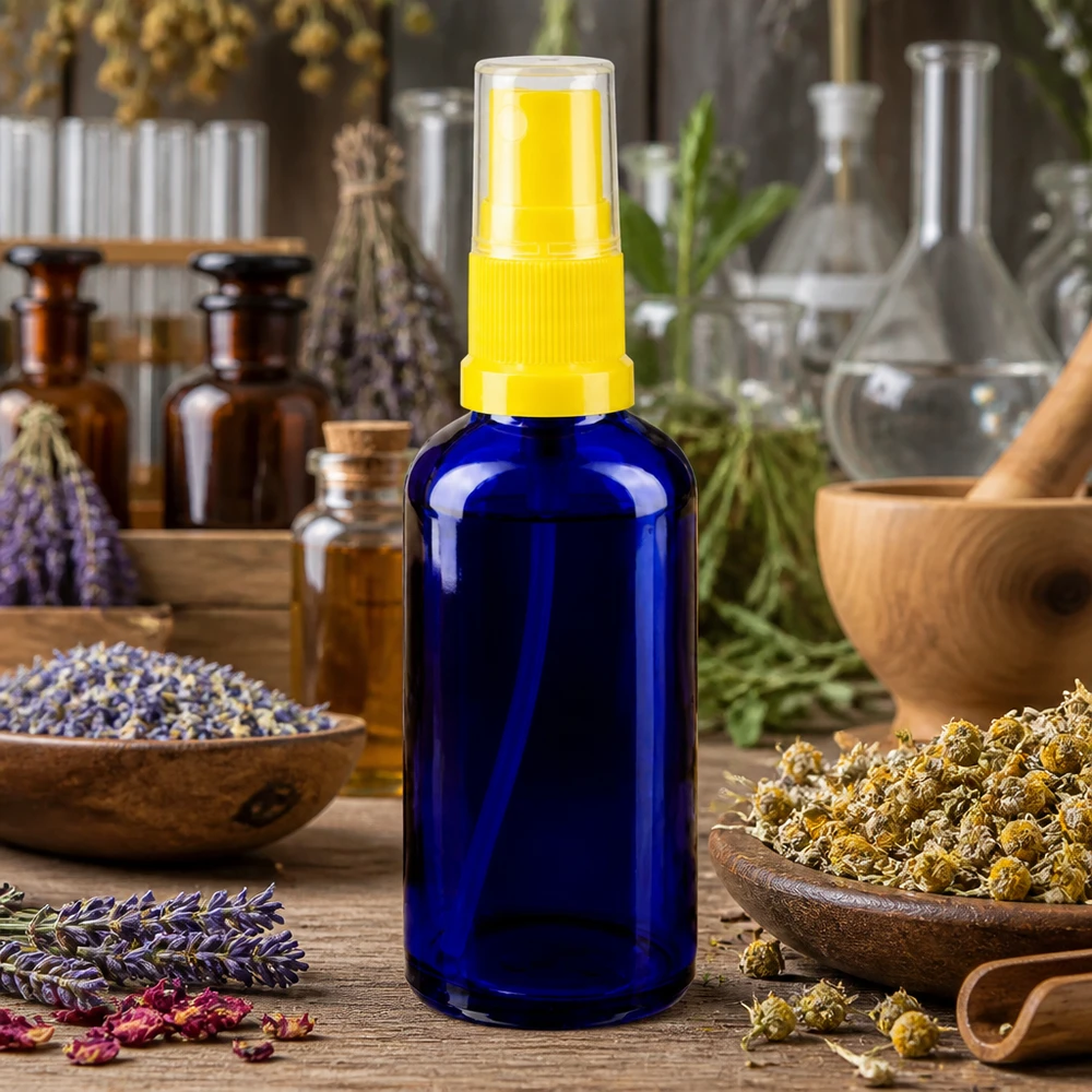 Flacone spray da 50 ml in vetro blu con erogatore a pompa giallo, tra la lavanda e le erbe aromatiche