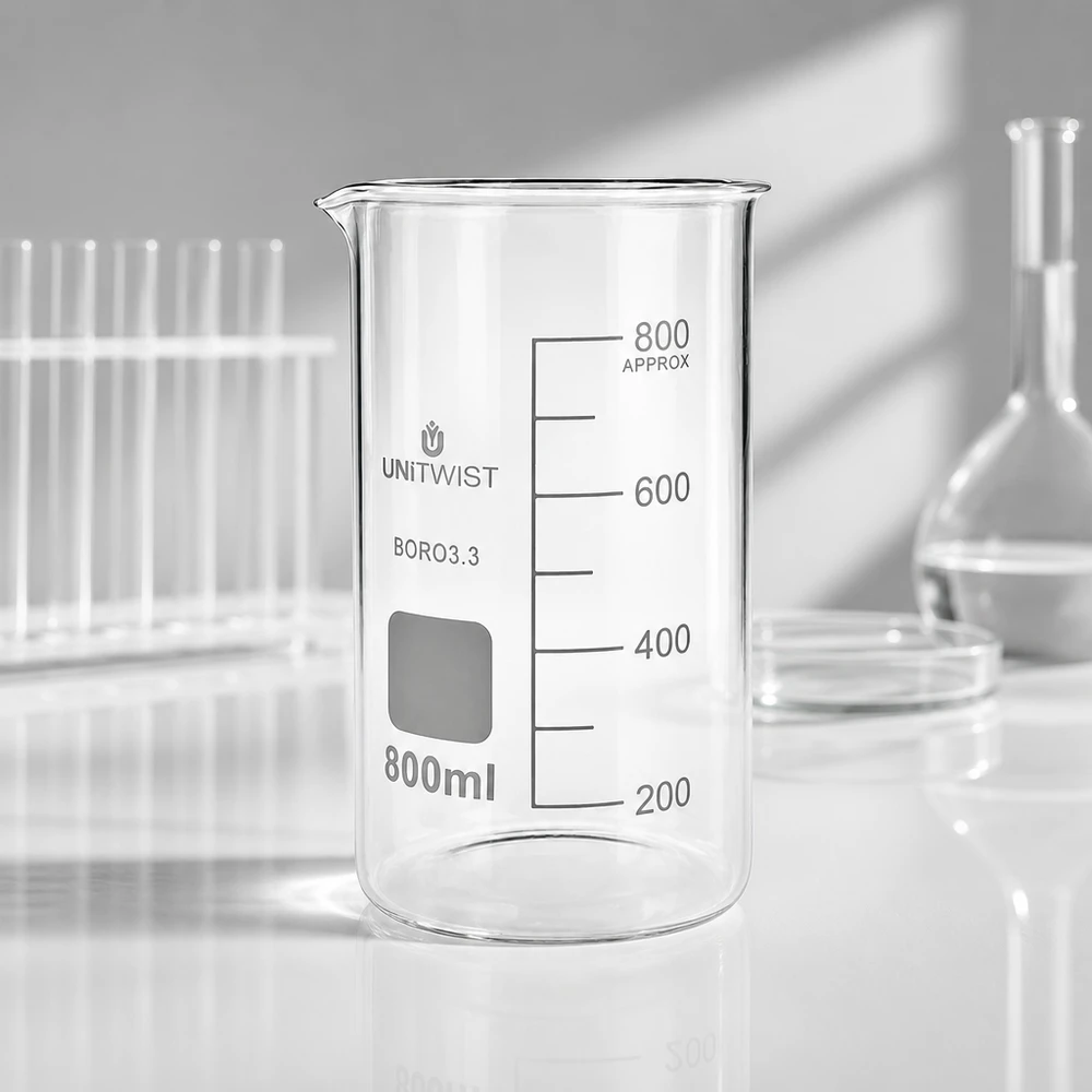 UNITWIST Bicchiere da laboratorio in borosilicato da 800 ml, modello alto, vuoto, con scala di misurazione su fondo bianco