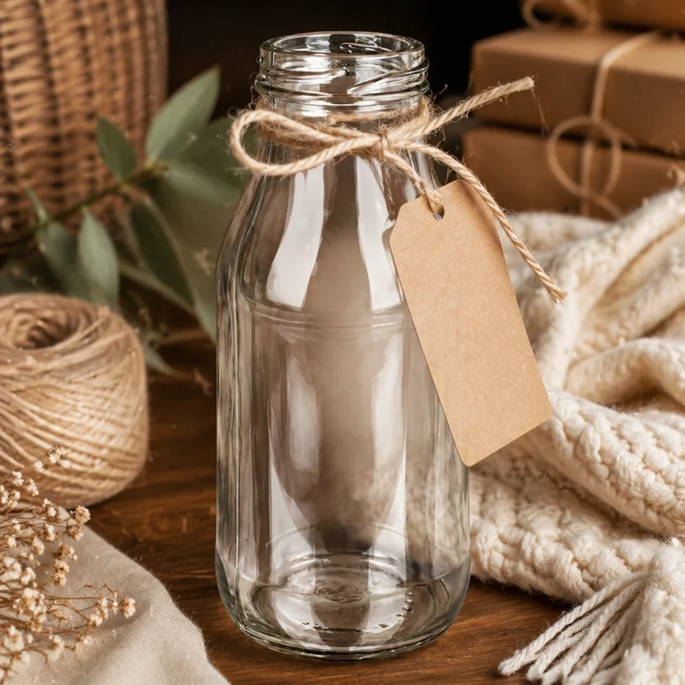 UNiTWIST Bottle263 - Capacità bottiglia 263ml TO43 Bottiglia di vetro 263ml TO43 UNiTWIST Bottle263 con corda di iuta e ciondolo su tavolo di legno con decorazione
