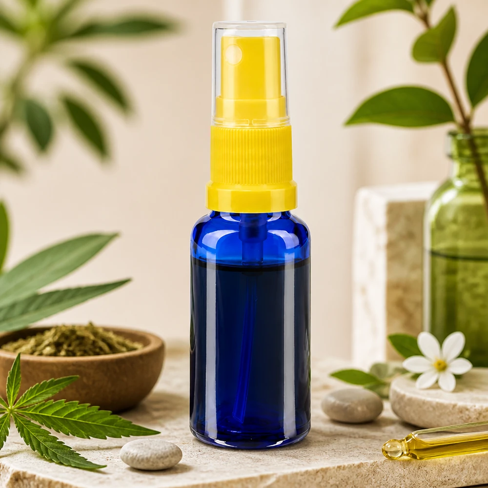 Piccolo flacone da farmacia da 20 ml in vetro blu con erogatore a pompa giallo
