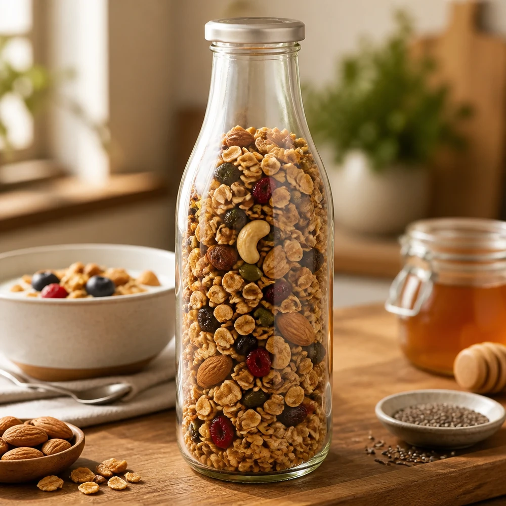 Bottiglia da 1000 ml in vetro BasicSeal silver riempita con noci muesli e frutta secca per la conservazione di alimenti secchi.