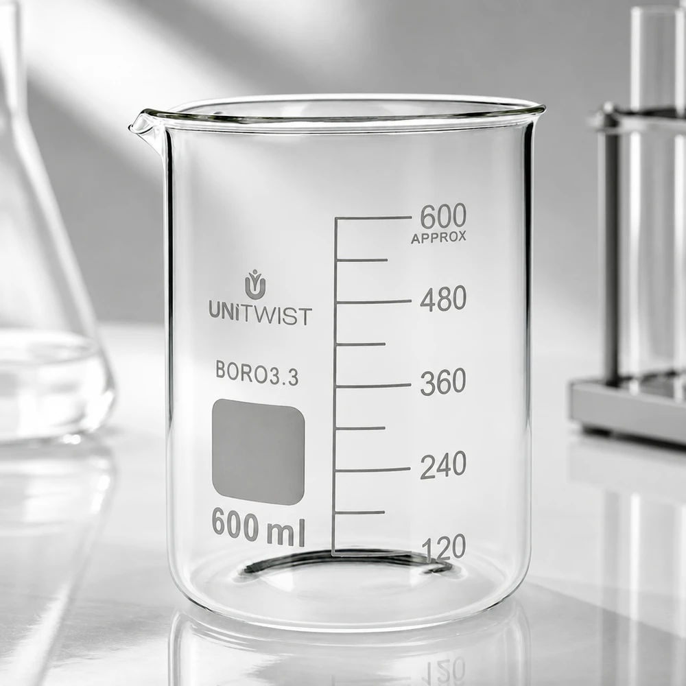 Bicchiere UNiTWIST da 600 ml in vetro borosilicato trasparente con scala di misurazione da 120 a 600 ml, forma bassa