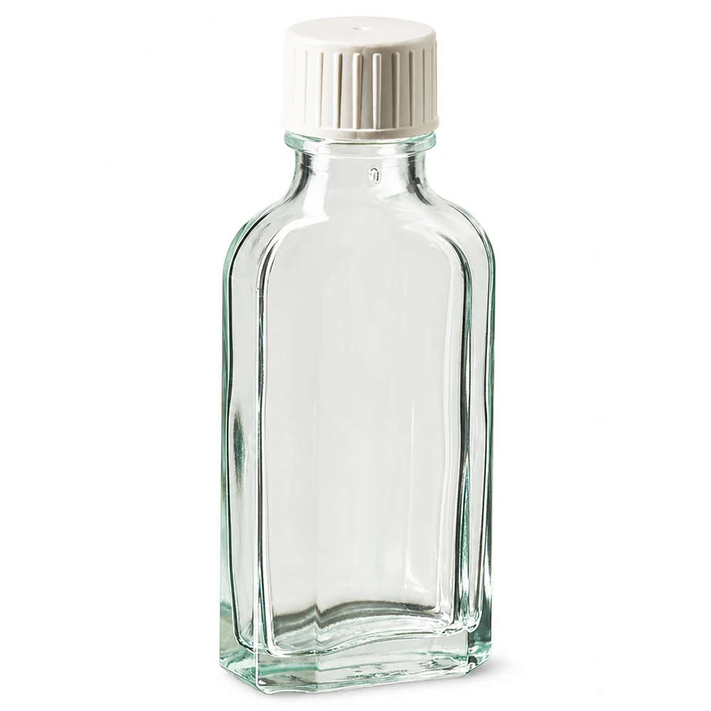 Flacone in vetro Meplat da 50 ml trasparente con tappo a vite bianco e anello versatore