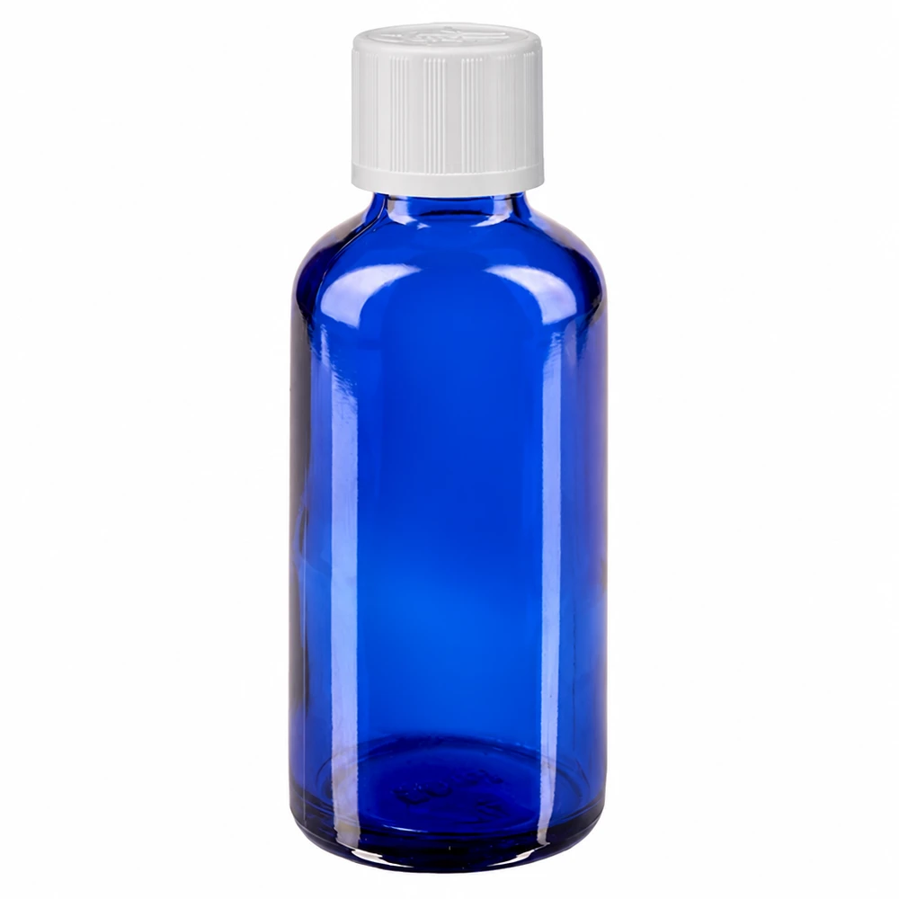 Contagocce blu da 50 ml. STD KiSi bianco/1,2mm ApoGlas Flacone da farmacia in vetro blu da 50 ml con tappo di sicurezza per bambini bianco e dosatore a gocce da 1,2 mm