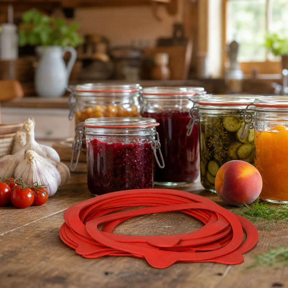 Anello di conservazione RR120 in gomma naturale in una cucina rustica con barattoli di conserva e ingredienti freschi da conservare