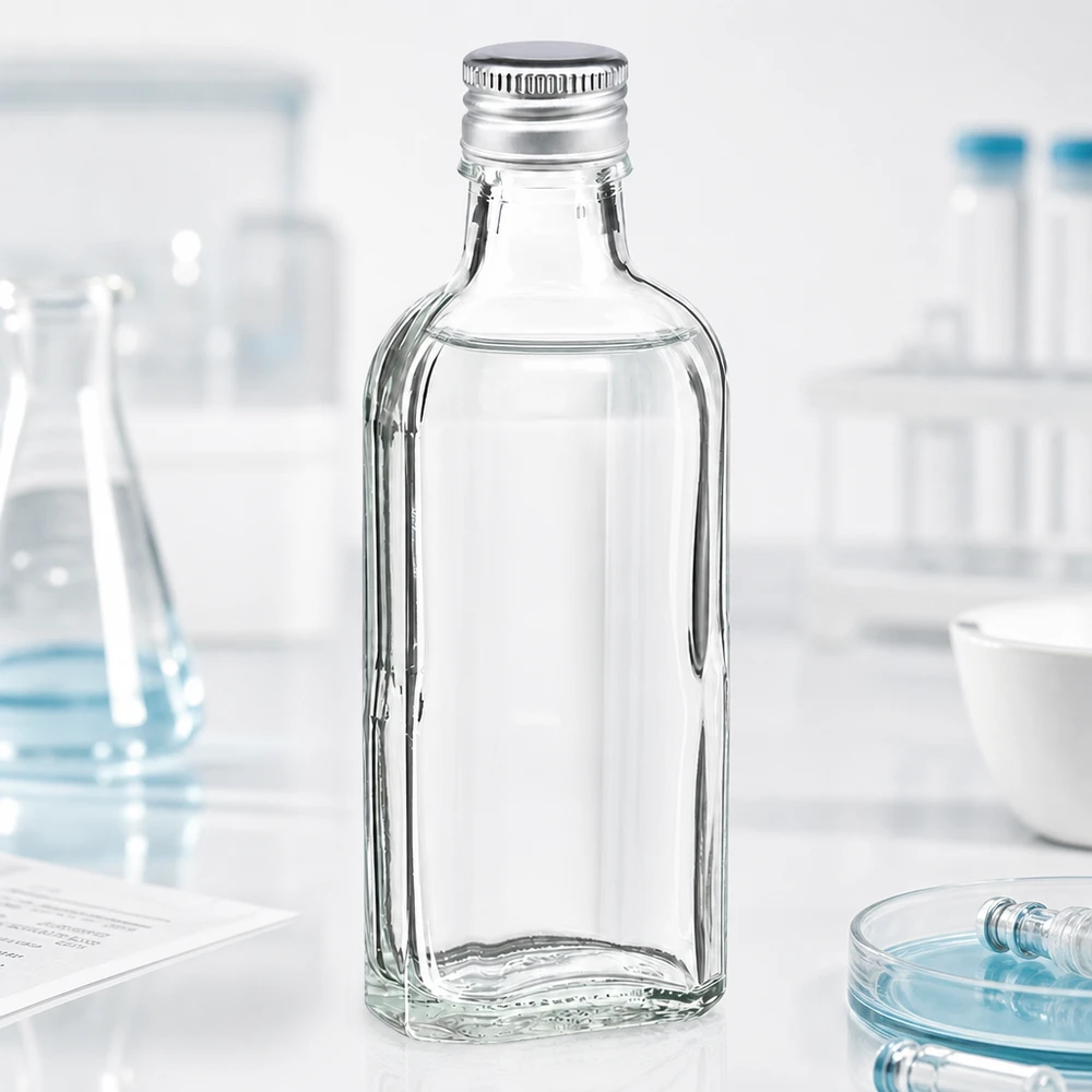 Flacone di vetro Meplat rettangolare da 100 ml, trasparente, con tappo a vite in alluminio argento PP22, per uso di laboratorio