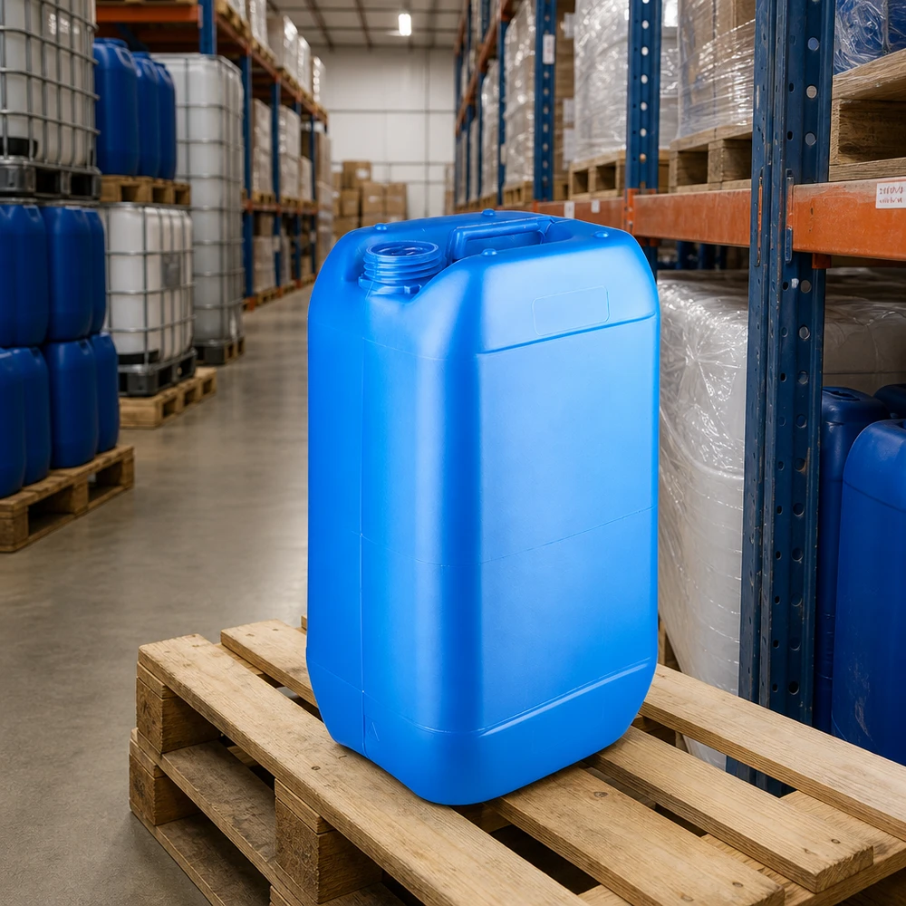 Tanica 15 litri blu senza tappo Tanica industriale impilabile da 15 litri, blu, senza tappo, nel magazzino su pallet di legno