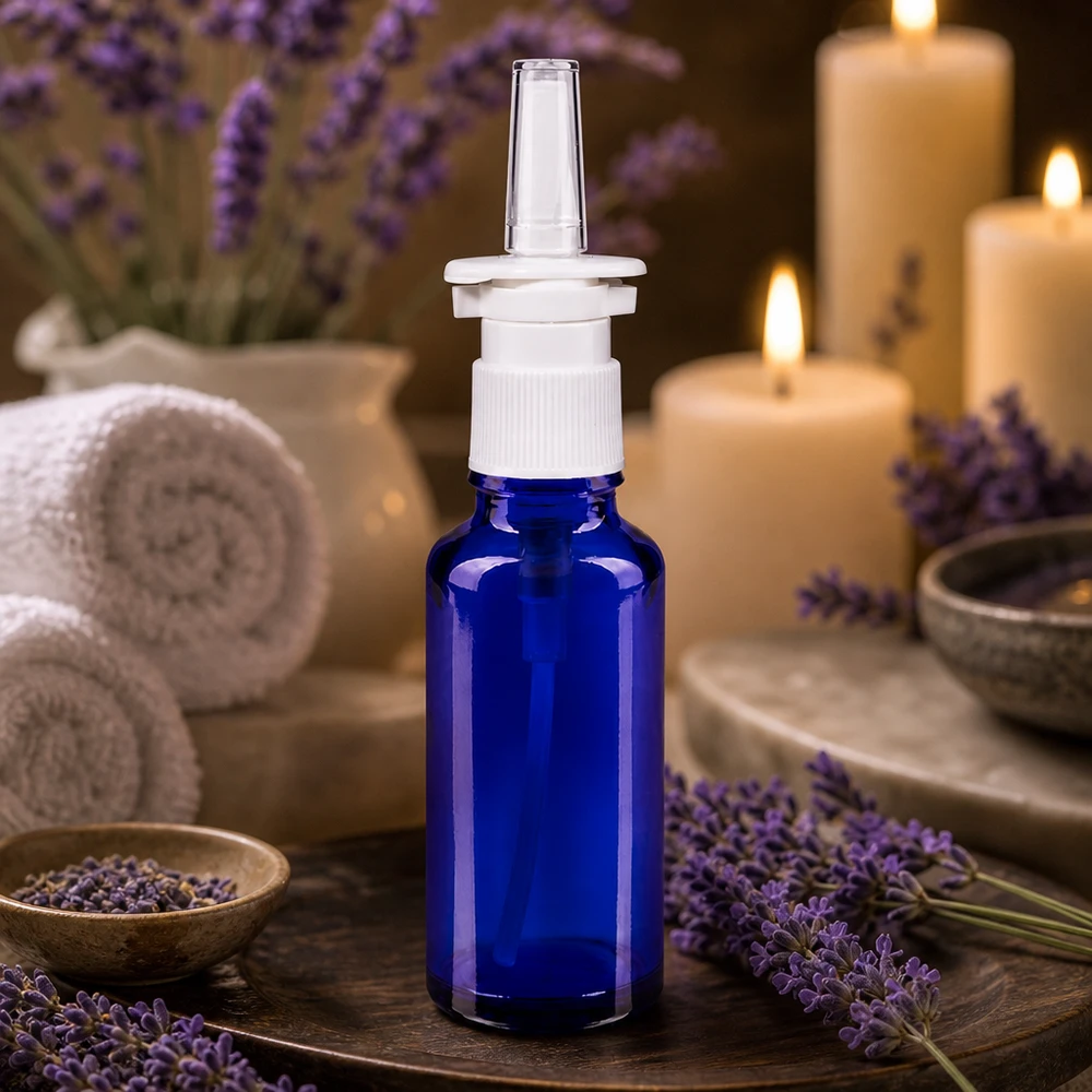 Flacone blu da 30 ml per spray nasale in ApoGlas con beccuccio trasparente e decorazione a tema lavanda