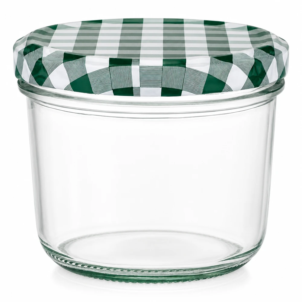 Bicchieri da 230 ml + coperchio BasicSeal verde/bianco UN.. Bicchieri da 230 ml con coperchio BasicSeal verde e bianco a scacchiera barattolo trasparente per conserve barattolo per marmellata