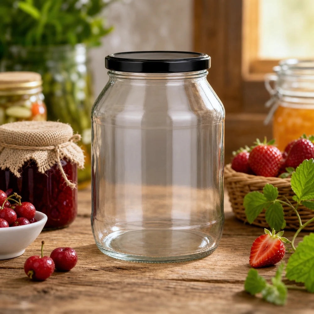 Barattolo rotondo da 2650 ml con coperchio BasicSeal nero UN... 2650ml Rundglas mit schwarzem Deckel für Einmachen und Vorratshaltung in rustikaler Küche mit frischen Früchten