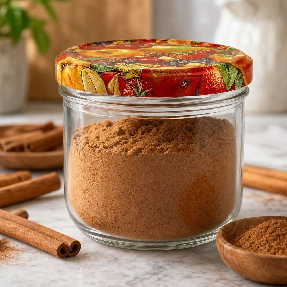 Bicchieri da 260 ml + coperchio BasicSeal per frutta UN.. Bicchieri da 260 ml riempiti di cannella in polvere e decorazioni di frutta colorata Coperchio sul bancone della cucina