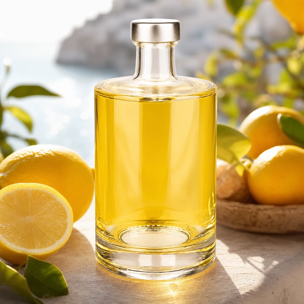 Bottiglia di vetro da 500 ml Sam riempita di liquido giallo accanto a limoni su un tavolo di legno Applicazione dello stile di vita