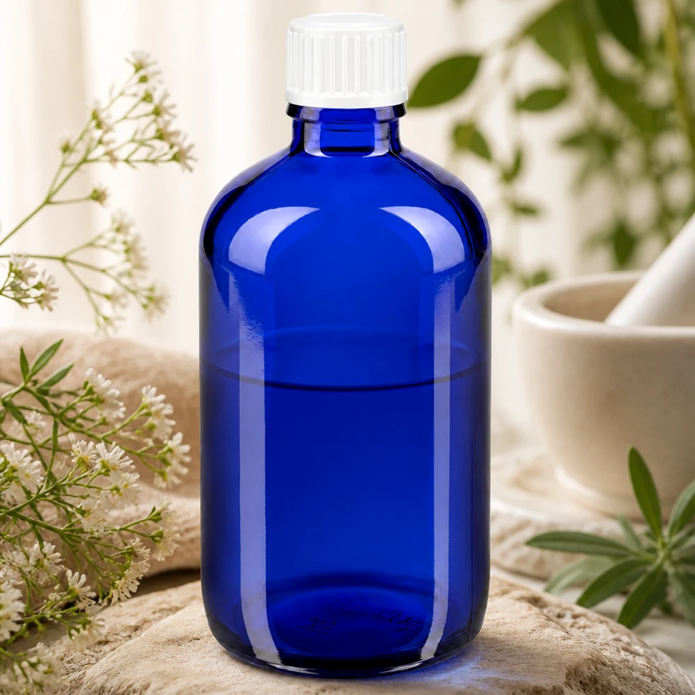 Bottiglia 100ml blu (Glo.) GR STD bianco/3mm ApoGlas Flacone da farmacia blu cobalto da 100 ml con tappo contagocce bianco e decorazione a tema erbe aromatiche