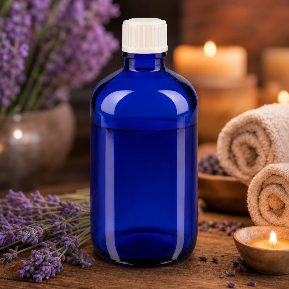 Bottiglia 100ml blu (Glo.) GR STD bianco/3mm ApoGlas Flacone da farmacia blu da 100 ml con lavanda e candele per l'aromaterapia e il benessere