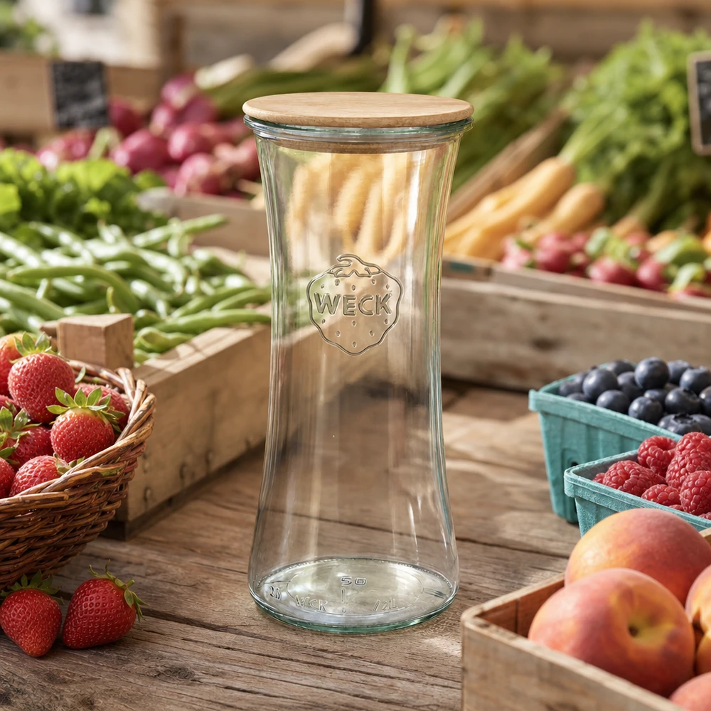 Barattolo da 700 ml WECK RR80 con coperchio di legno WECK vaso da gastronomia 700ml RR80 con coperchio in legno su mercato settimanale tra frutta e verdura fresca ambiente naturale