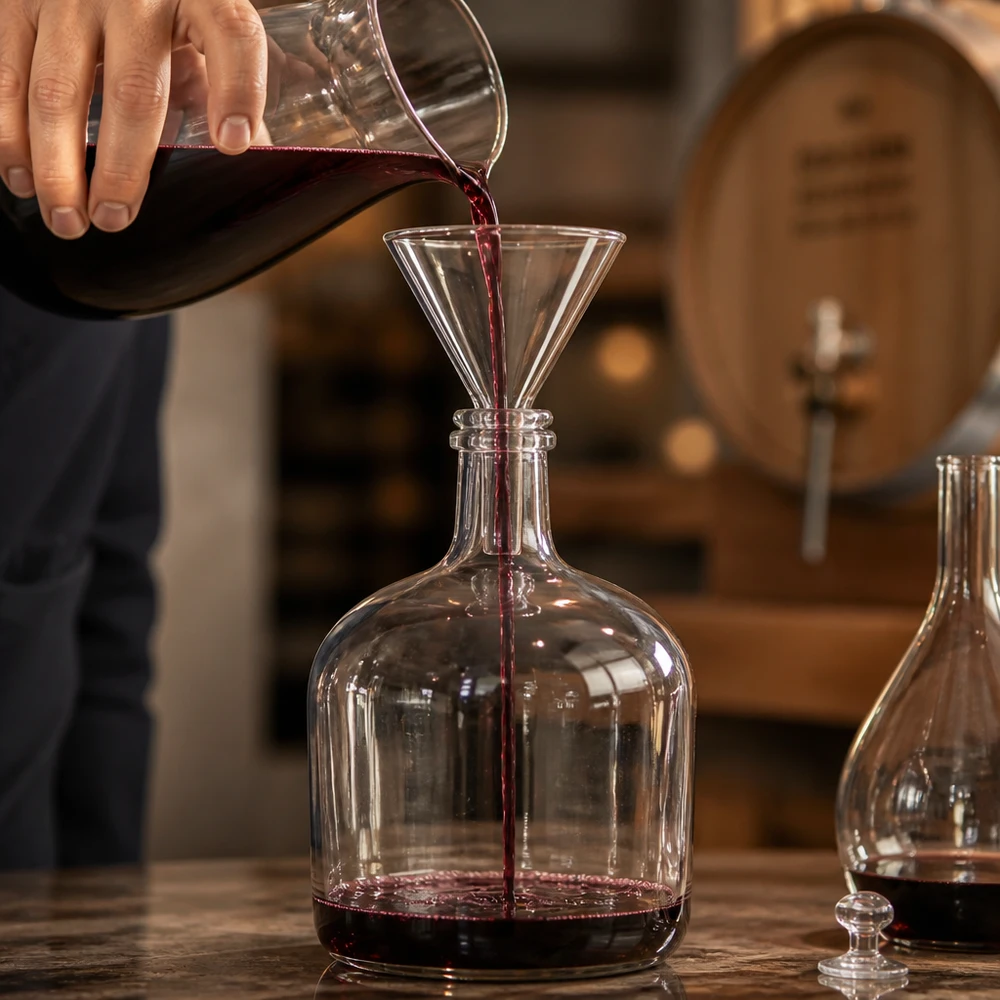 Imbuto in vetro soda-lime trasparente con impugnatura corta e compatta per facilitare la decantazione.