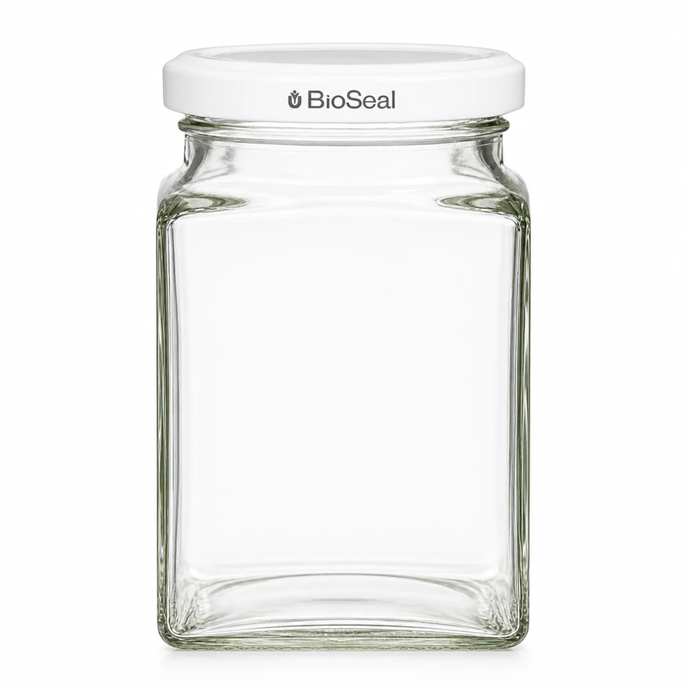 UNiTWIST Tetra260 con coperchio bianco TO58 BioSeal UNiTWIST Tetra260 vaso di stoccaggio quadrato con coperchio bianco TO58 BioSeal vaso di vetro trasparente vuoto