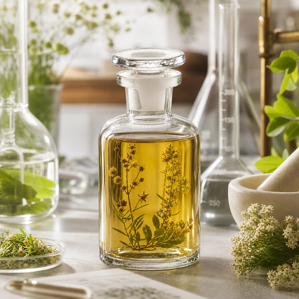Bottiglia a spalla tonda 50ml trasparente collo stretto tappo in vetro Bottiglia di vetro contenente olio alle erbe, a spalla arrotondata e collo stretto, da 50 ml, con tappo, su un tavolo da laboratorio