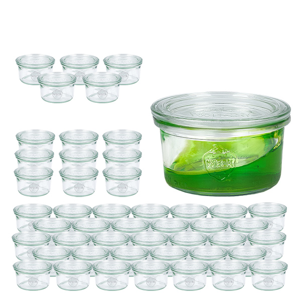 Set di 48 tumbler Weck da 165 ml con 48 coperchi in vetro Set di 48 tumbler Weck da 165 ml con 48 coperchi in vetro