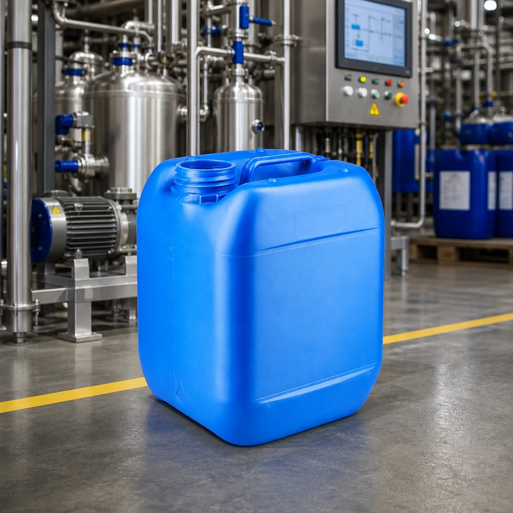 Robusto contenitore in HDPE da 5 litri, blu, senza tappo, in un impianto di produzione industriale