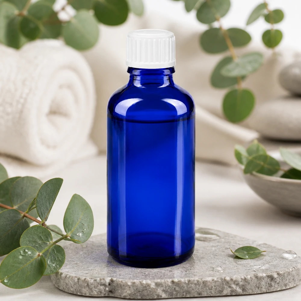 Flacone contagocce blu da 50 ml in vetro da farmacia con tappo a vite bianco circondato da ramoscelli di eucalipto