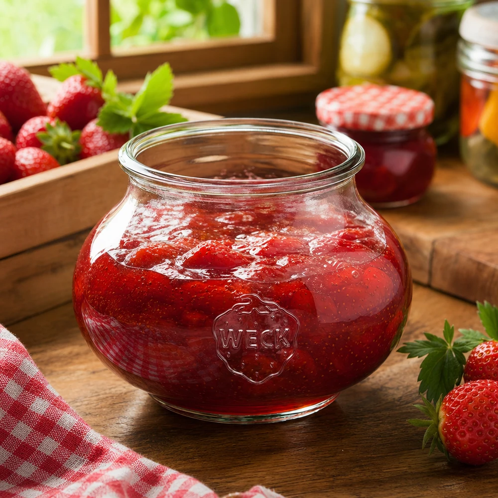 Vaso decorativo WECK da 560 ml RR80 pieno di marmellata di fragole in una cucina rustica con fragole fresche e barattoli da conserva