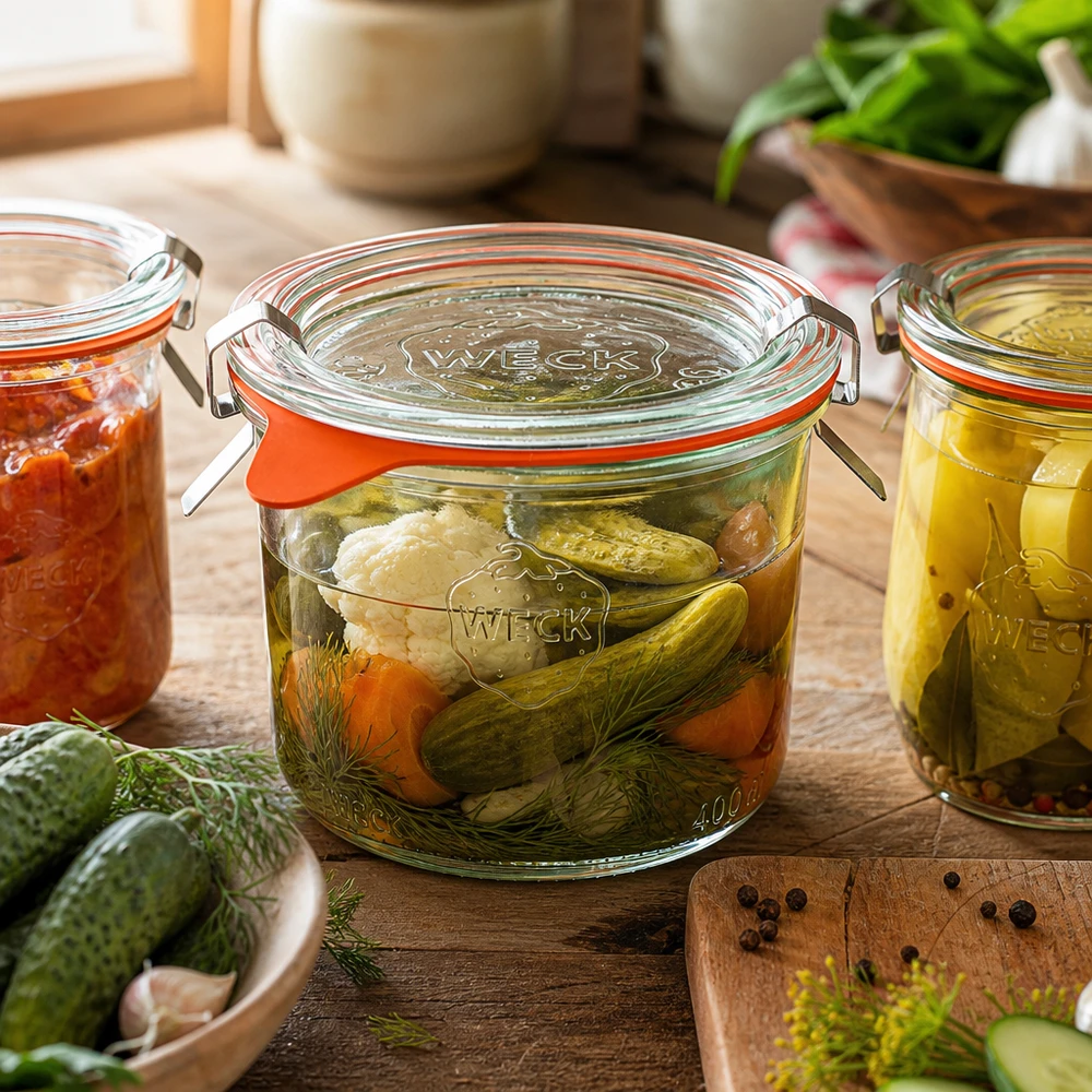 Bicchieri da 200 ml completi WECK RR80 WECK vaso da 200 ml RR80 per conservare verdure e cetrioli in una cucina rustica con aneto e spezie