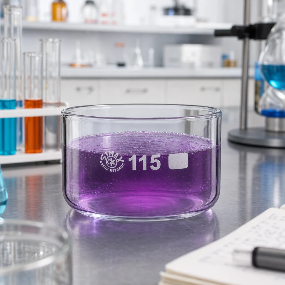 Piastra di cristallizzazione da 500 ml senza beccuccio Bo. ø115mm Vaschetta di cristallizzazione SIMAX da 500 ml con soluzione di permanganato di potassio viola in laboratorio, su un tavolo in acciaio inossidabile