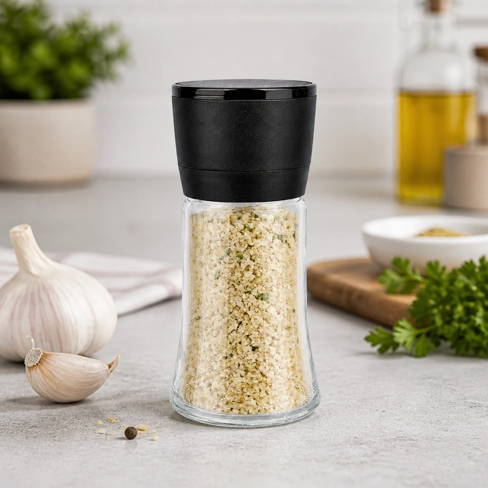 Barattolo per sale e spezie da 95 ml con macinino Vario nero Macina sale all'aglio da 95 ml con macina nera Vario su un piano di lavoro grigio con aglio fresco