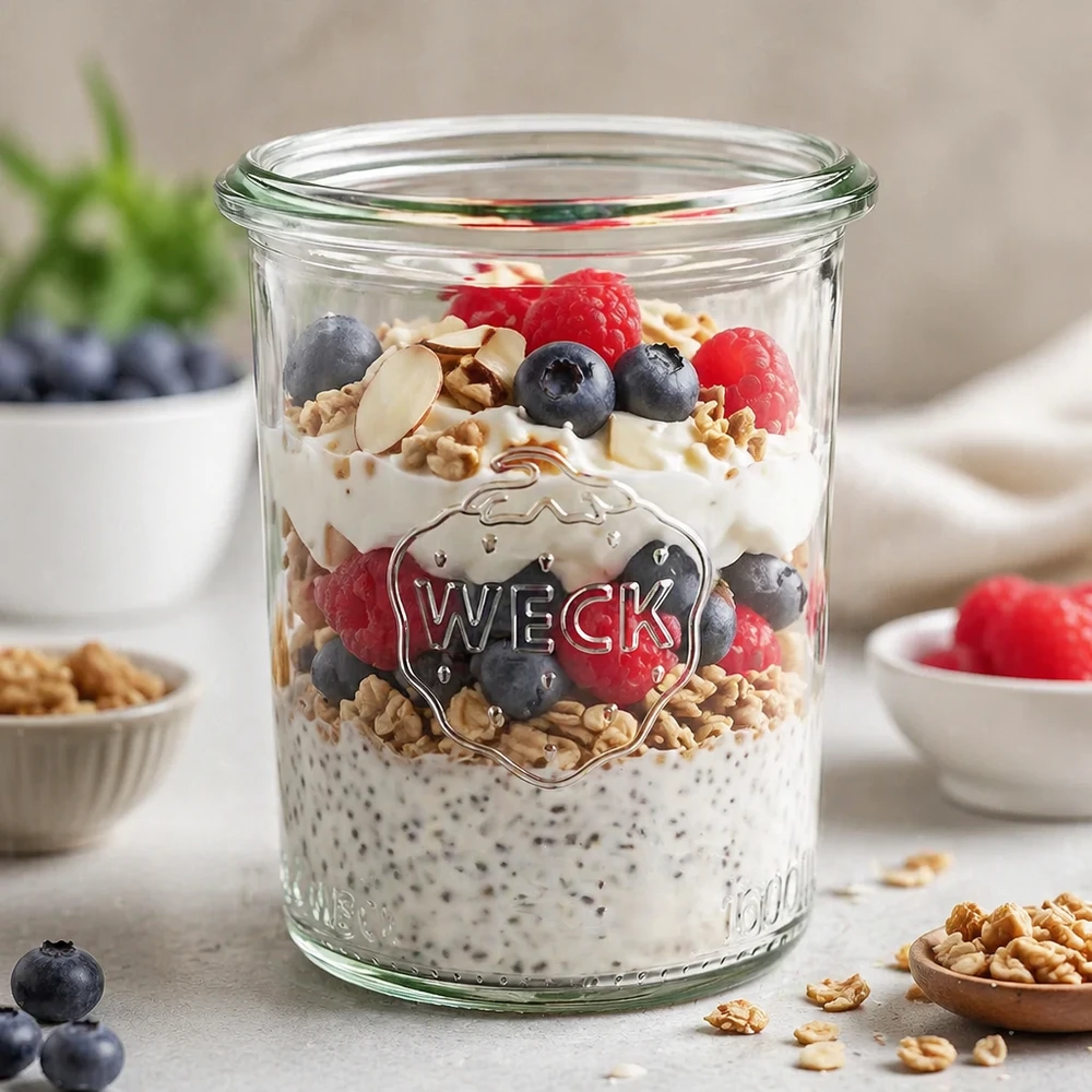 WECK 160ml RR60 mason jar riempito con chia pudding frutti di bosco e noci come idea per una sana colazione