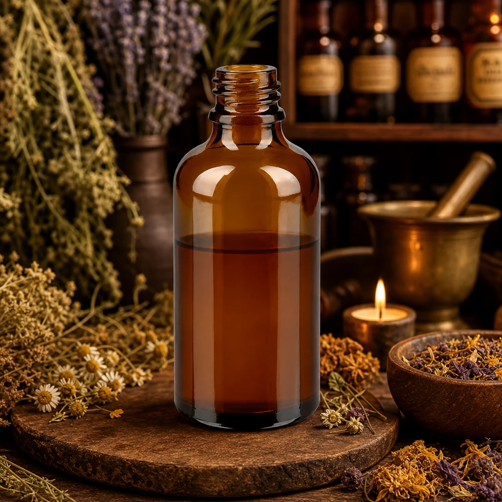 Bottiglia da farmacia in ApoGlas marrone da 50 ml con tintura di erbe in un'erboristeria rustica con mortaio e piante officinali