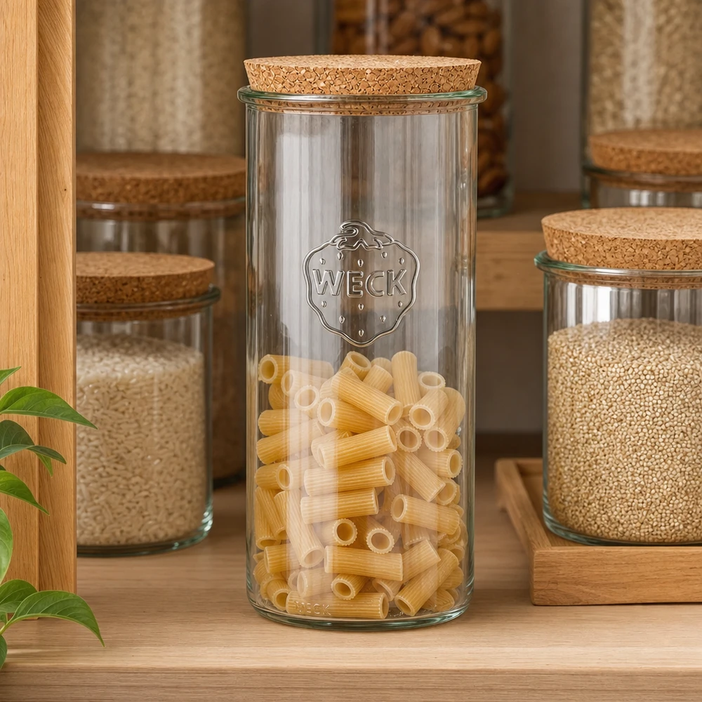 Bicchieri da 1500ml WECK RR100 con tappo in sughero naturale WECK RR100 Barattolo per pasta da 1500 ml pieno di pasta Scaffale da cucina Coperchio in sughero Organizzazione della dispensa Stoccaggio