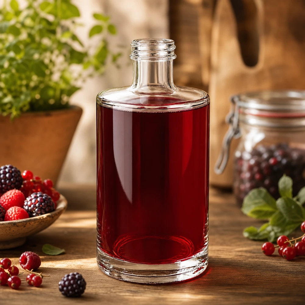 Bottiglia in vetro da 375 ml Sam senza tappo a vite UNiTWIST® Bottiglia in vetro da 375 ml Sam riempita con succo di bacche rosse circondato da lamponi freschi, more e ribes.