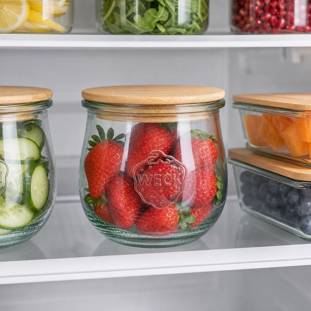 Vaso a tulipano WECK 370ml RR80 con coperchio in legno per conservare fragole e cetrioli in frigorifero organizzato