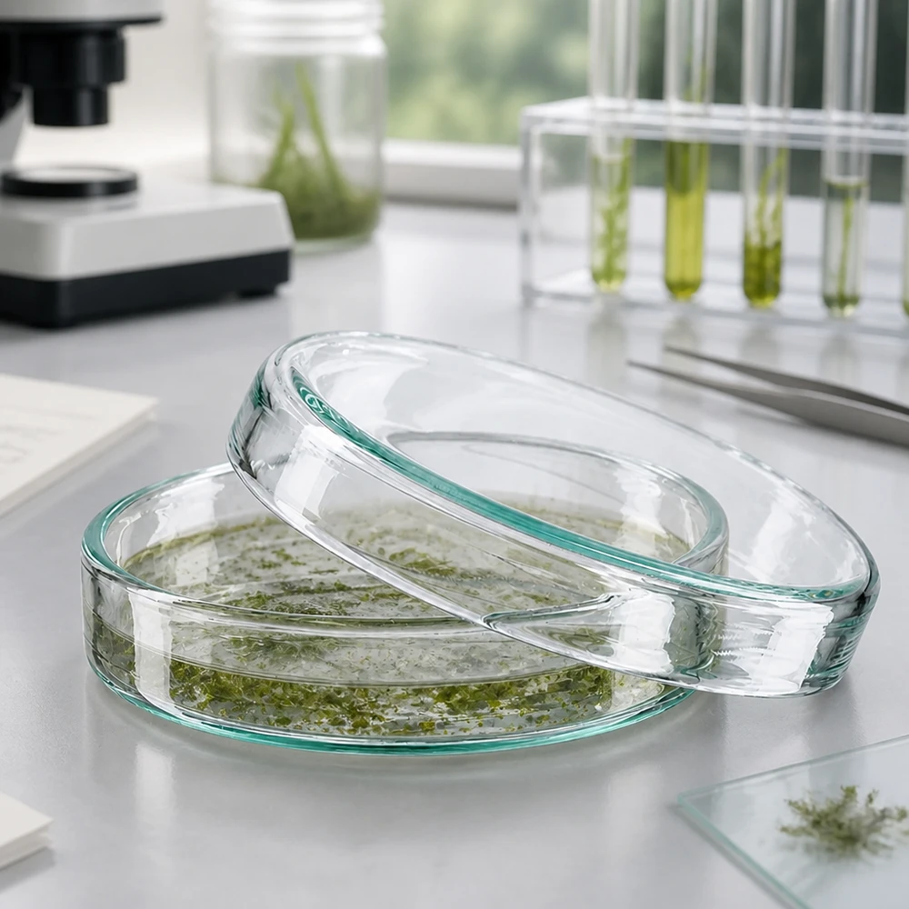 Piastra Petri 60x15 in vetro Piastra di Petri in vetro borosilicato 60x15 mm aperta con coltura di alghe verdi su un tavolo da laboratorio