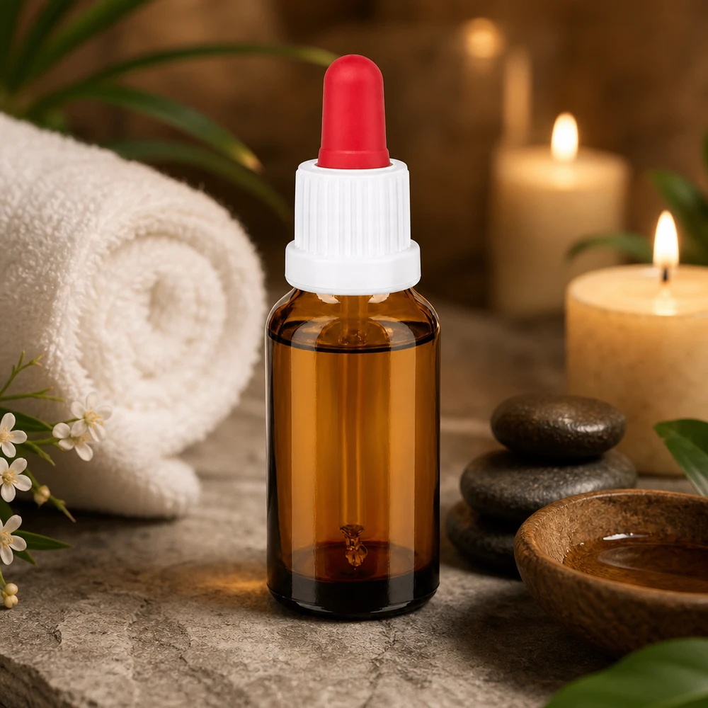 Bottiglia per pipette da 20 ml bianco/rosso OV BrownLine UT18/20 Elegante flacone in vetro da 20 ml con contagocce, ideale per miscele fai-da-te e trattamenti per la pelle.