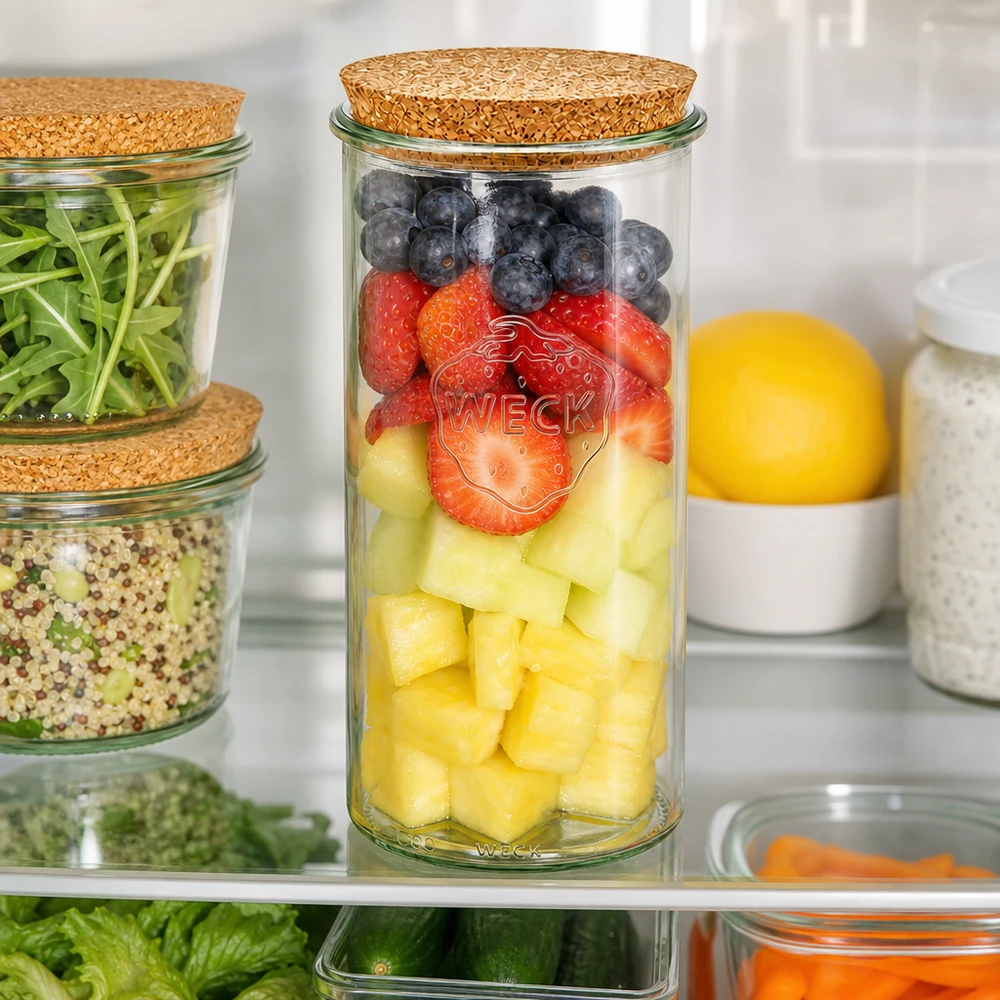 Bicchieri da 1500ml WECK RR100 con tappo in sughero naturale WECK RR100 Frigorifero Organizzazione Insalata di frutta Frutti di bosco Ananas Coperchio di sughero Preparazione dei pasti Mantenimento della freschezza