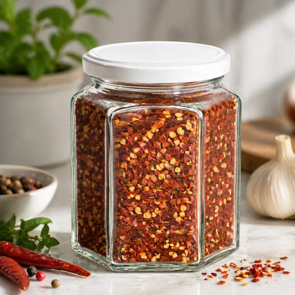 Vasetto per miele da 400 g con capsula bianca BasicSeal UNiTWIST Il vasetto esagonale da 400 g riempito di mix di spezie al peperoncino mostra un uso versatile delle spezie in cucina
