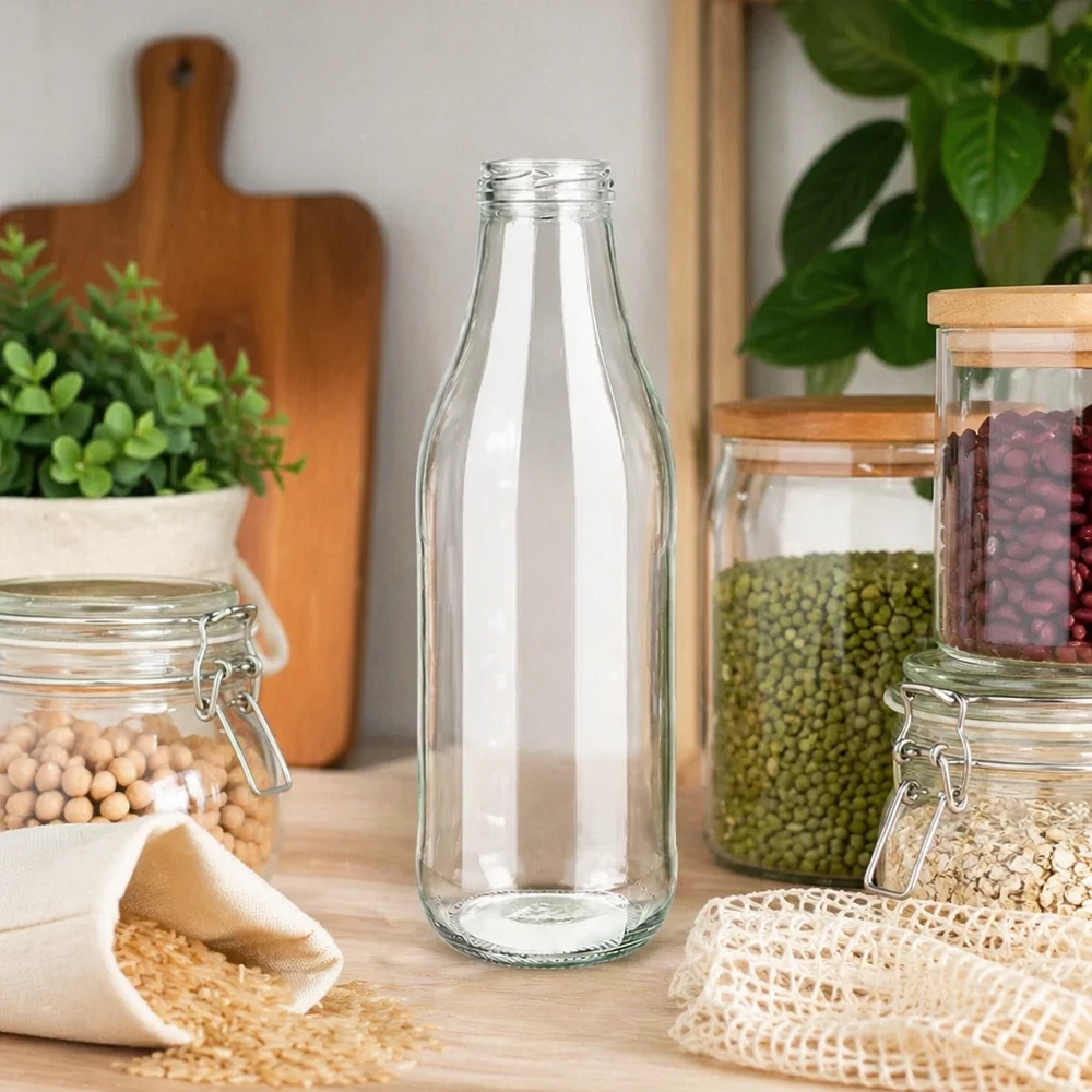 Bottiglia di vetro da 1000ml senza coperchio (TO48) UNiTWIST Bottiglia in vetro da 1000 ml TO48 UNiTWIST in cucina sostenibile a rifiuti zero con barattoli di stoccaggio e legumi