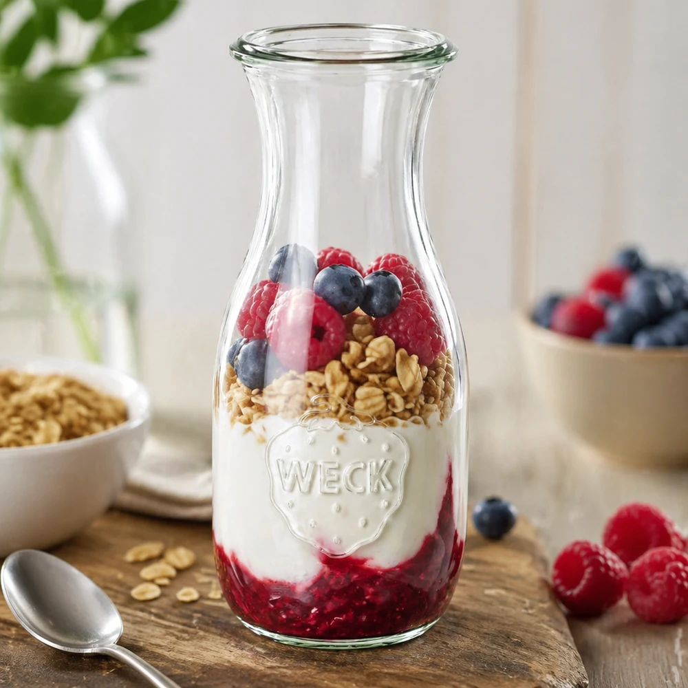 Bottiglia per succhi da 530 ml WECK RR60 Bottiglia di succo WECK da 530 ml RR60 come ciotola per cereali riempita con yogurt, frutti di bosco e granola accanto a frutta fresca
