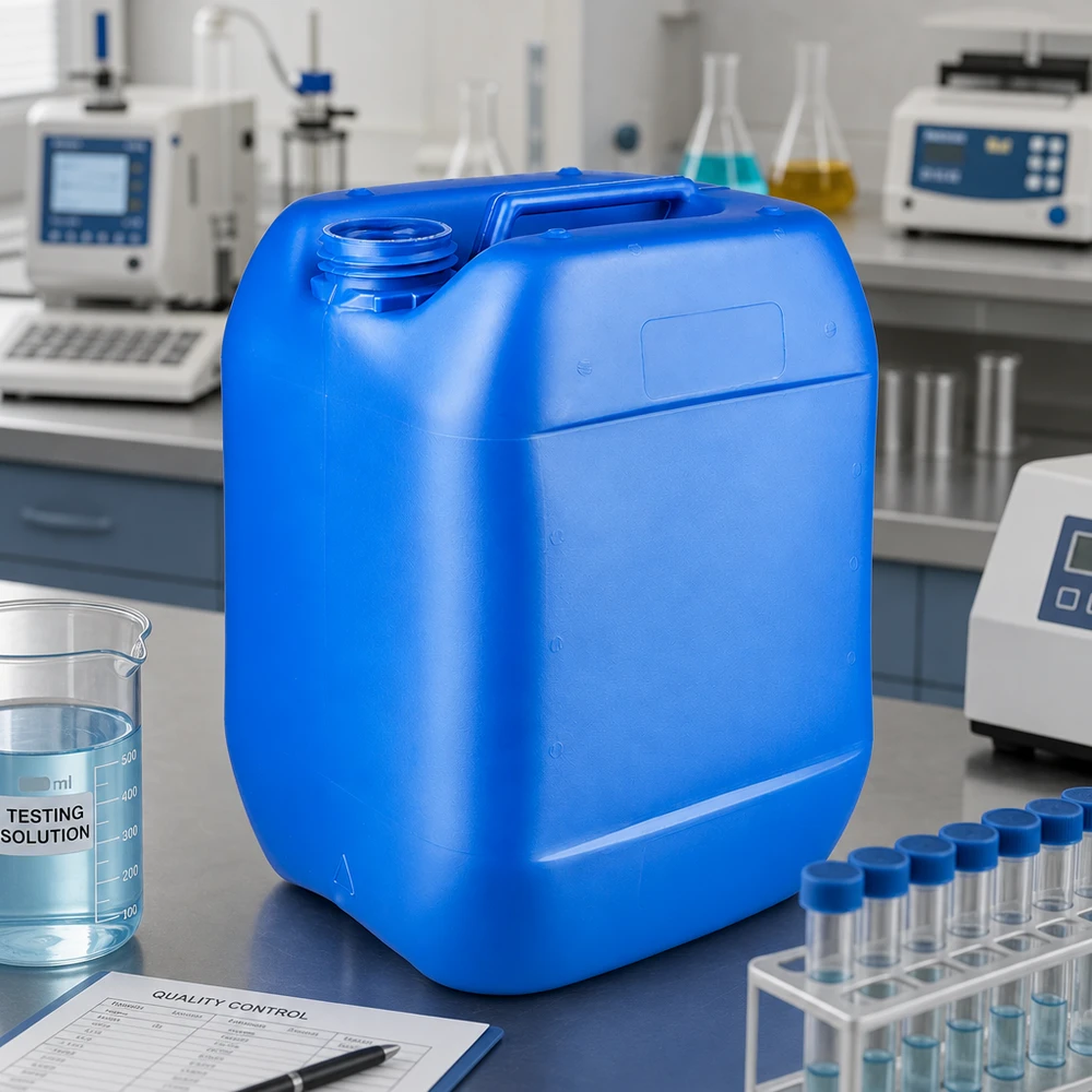 Tanica blu da 10 litri in HDPE senza tappo accanto a un becher contenente una soluzione di prova in laboratorio