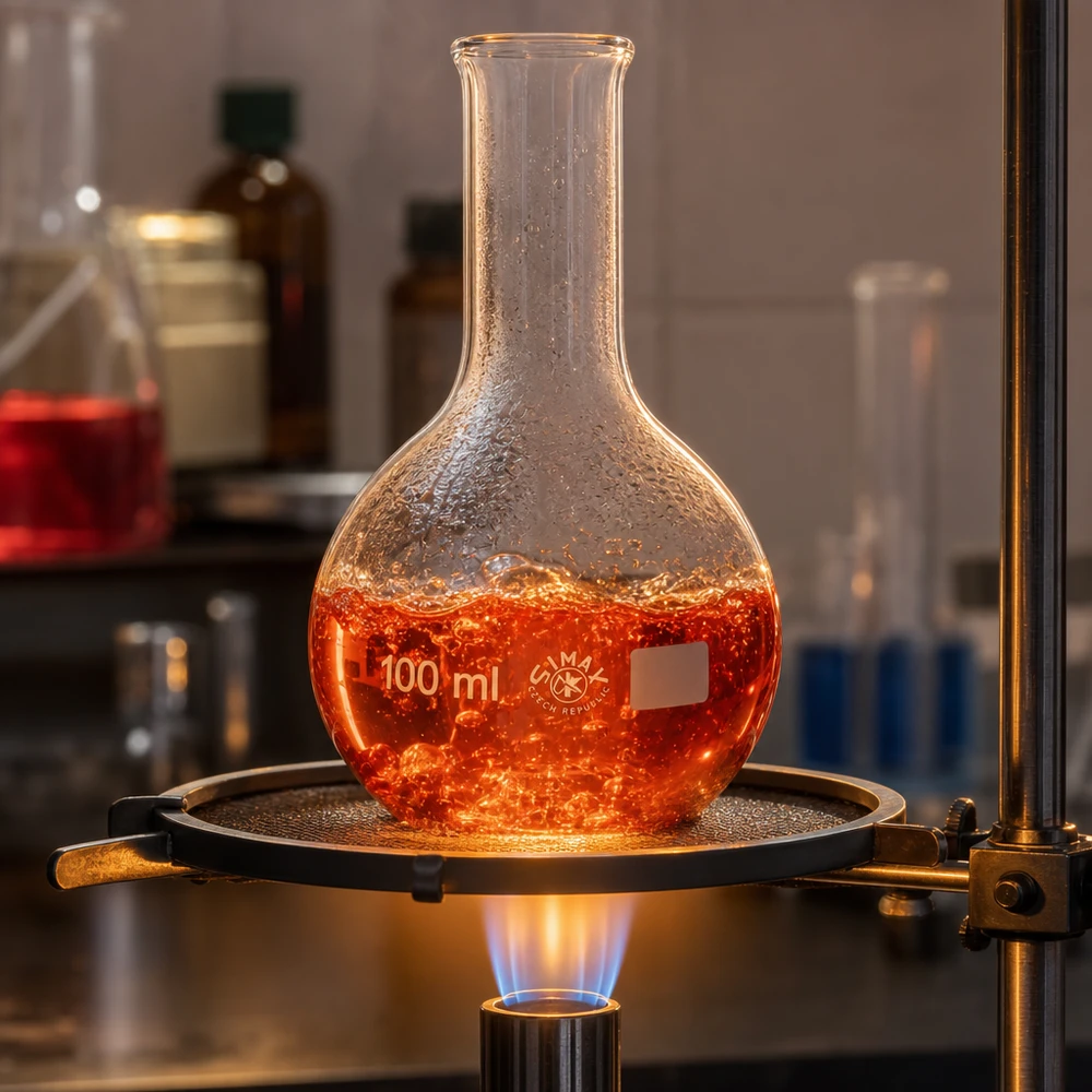 Matraccio da 100 ml a collo stretto in vetro trasparente con soluzione di reazione in bolla su piastra riscaldante