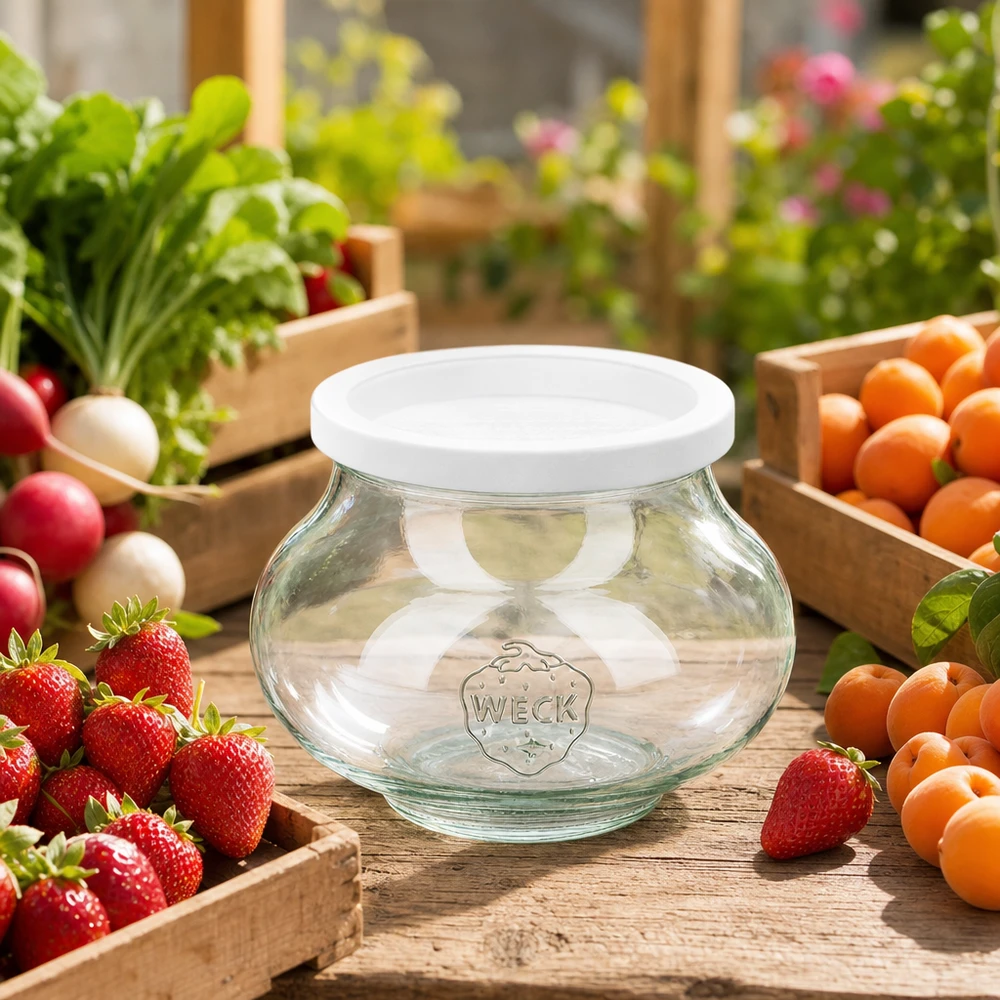 Barattolo decorativo da 560 ml con coperchio ermetico WECK RR80 Vaso di conservazione WECK 560ml RR80 vuoto tra frutta e verdura fresca su un tavolo di legno in giardino come vaso di conservazione