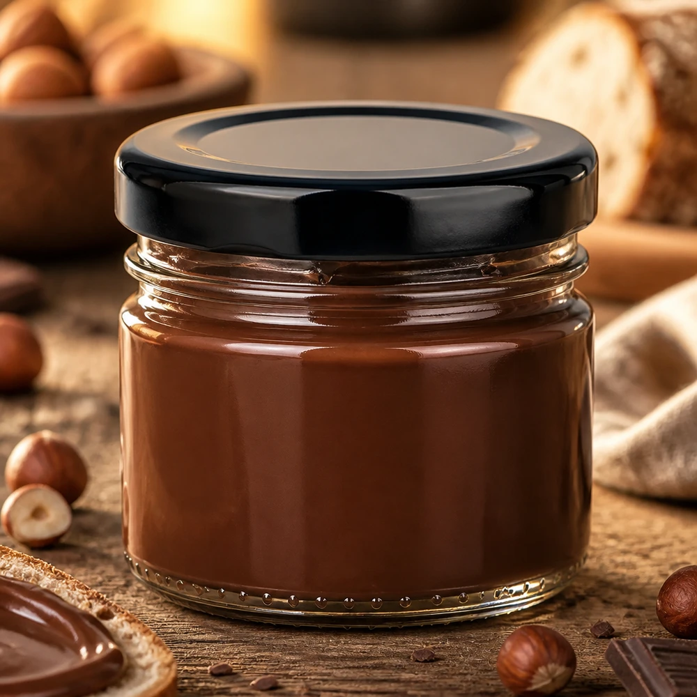 Vasetto rotondo compatto da 33 ml con coperchio nero, ideale per crema di nocciole, marmellata e miele