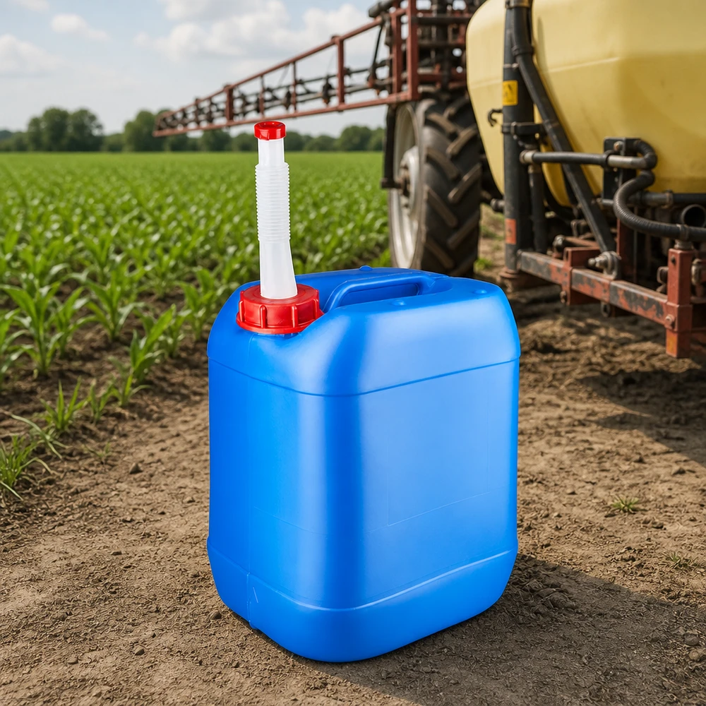 Tanica blu da 20 litri con beccuccio Flex Contenitore Agrarkanister da 20 litri, blu, con beccuccio flessibile, accanto a un irroratore agricolo su un campo coltivato