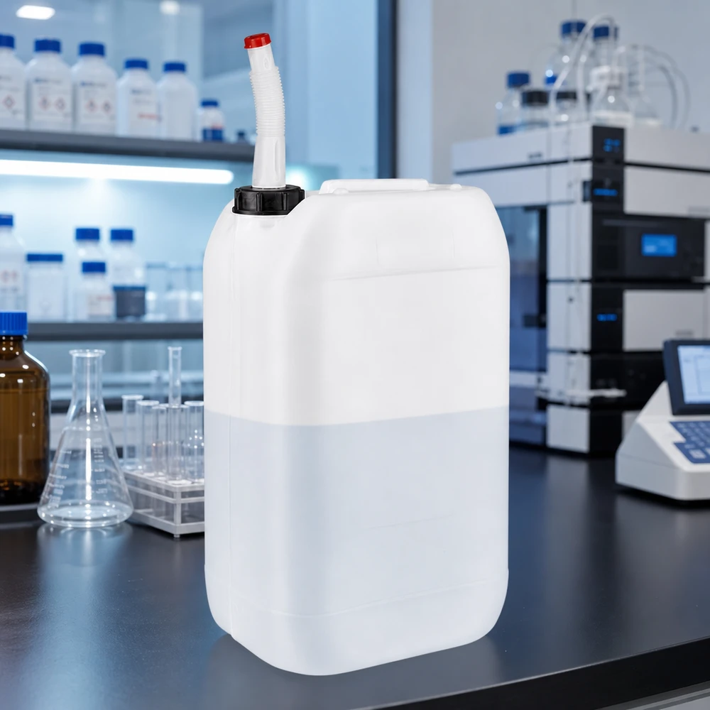 Tanica da 15 litri con tubo di uscita flessibile Tanica rettangolare da 15 litri con tubo di scarico flessibile su un banco da lavoro da laboratorio